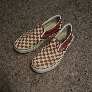 Maroon and White Checkered Slip-On Vans